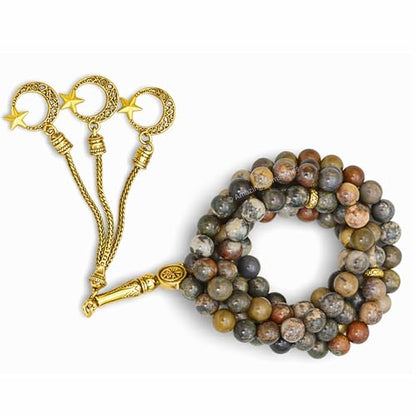 Amazing Gemstone Crystal Tasbeeh with Moon and Star Charm - Certified Crystal Muslim Prayer Beads Natural Gemstone Tasbih Gift for Ramadan Dhikr and Daily Namaz (G) - color: Brown Opal