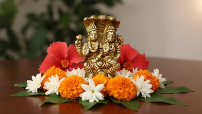 2.25 Inches Solid Brass Laxmi Narayan Murti | Lord Vishnu & Goddess Lakshmi Seated on Shesh Nag in Blessing Pose | Small Idol for Home Temple, Puja Room & Diwali Gift - size: Laxmi-Narayan