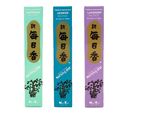 nippon kodo Morning Star Incense Bundle of 3 x 50 Sticks Boxes (Jasmine, Gardenia, Lavender) - Premium Incense Sticks - Traditional Japanese Style