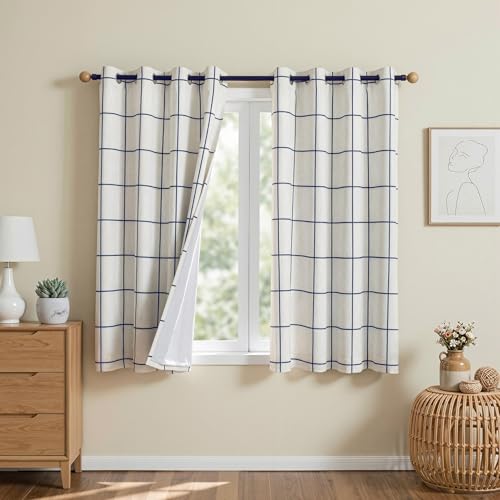 MYSKY HOME 100% Blackout Plaid Farmhouse Linen Curtains 54 Inch Length 2 Panels - Double Layer Checkered Windowpane Pattern Thermal Insulated Privacy Protection for Home, 52" W Each Panel, Navy Blue - color: Navy Blue, size: 52"W x 54"L (Pack of 2)