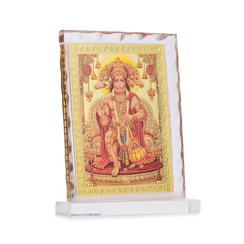 DHRUVS COLLECTION Gold Plated Panchmukhi Hanuman, Bajrangbali Idol Acrylic Diamond Cut Photo Frame Stand for Home Decor, Car Dashboard, Office Table, Temple, Housewarming Gift (10.5 x 8 Centimeters) - color: Hanuman