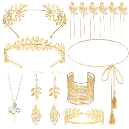9 Pcs Greek Goddess Accessories for Women Golden Roman Laurel Leaf Crown Headband Upper Arm Cuff Bracelet Pearl Drop Earrings Necklace Toga Waist Belt Toga Costume Jewelry for Bridal Bridesmaid Wedding Party - style: Classic