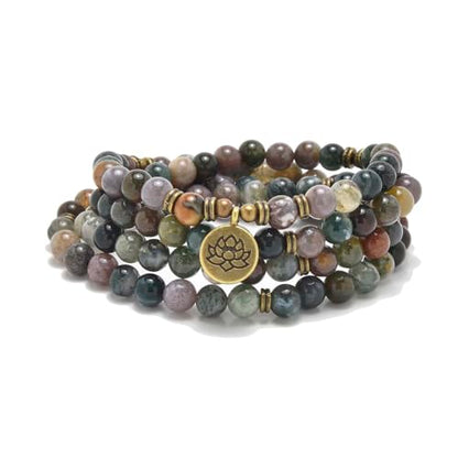 108 Natural Stone Mala Beads Yoga Bracelet with Lotus Charm - style: Indian Agate