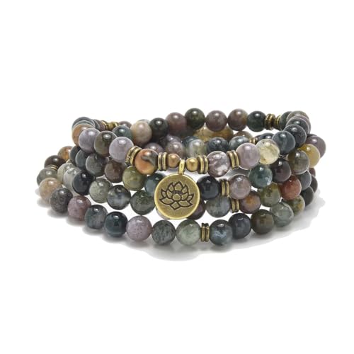 108 Natural Stone Mala Beads Yoga Bracelet with Lotus Charm - style: Indian Agate