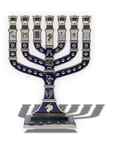Jerusalem 7 Branch Traditional Menorah Enamel Finish, with 12 Tribes of Israel, Jewish Candle Holders (10.8 inch) - color: Silver Blue