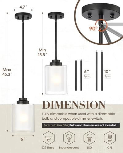 TENGXIN 6" Matte Black Pendant Lights Kitchen Island, Dual Glass Shade - color: Matte Black, Dual Glass, size: 6"