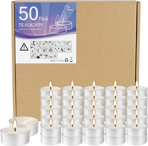 Unscented Tealight Candles 50 Pack, 4 Hours Smokeless Dripless White Mini Tea Lights Bulk for Home, Wedding, Party, Shabbat, Christmas & Emergency Use - color: White, size: 50 Pack