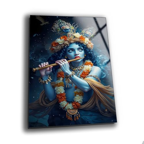 Divine Krishna Playing the Flute Glass Wall Art, Mystical Hindu God Tempered Glass Print, Spiritual Wall Decor, Indian Mythology Modern Artwork, Ready to Hang Meditation Room Decor, Ultra Large Size Options, Unique Housewarming Gift (43.3" x 64.9" İnches)