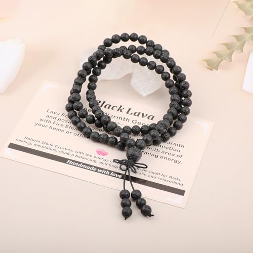 AD Beads 6mm 8mm 108 Prayer Mala Jasper Elastic Bracelet - Handmade Yoga Meditation Healing Power Energy Gifts for Unisex Adult. - color: Black Lava(Warmth)