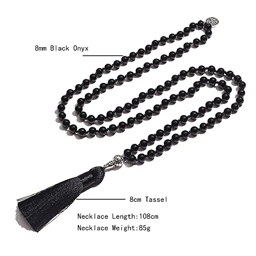 108 Mala Prayer Beads Necklace Natural Stones Meditation Yoga Jewery 108 Hand Knotted Japa Mala Beaded Long Tassel Necklace with Tree of Life Pendant for Men and Women - color: 8mm Black Onyx