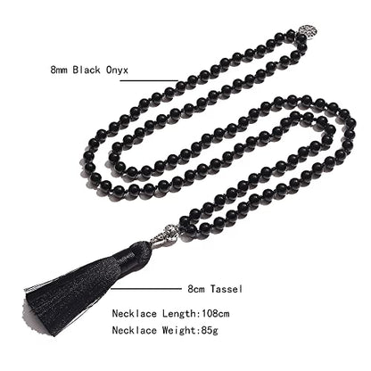 108 Mala Prayer Beads Necklace Natural Stones Meditation Yoga Jewery 108 Hand Knotted Japa Mala Beaded Long Tassel Necklace with Tree of Life Pendant for Men and Women - color: 8mm Black Onyx