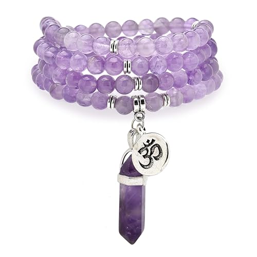 Natural Japa Mala 108 Beads Bracelet Necklace Meditation Accessories with om Chram and Reiki Quartz Hexagonal Prism Pendant (Amethyst), 6mm