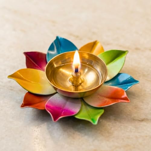 LOVENSPIRE Multicolor Lotus Brass Diya – Indian Craft Oil Lamp for Puja, Ideal Pooja Gift, Diwali Home Decoration, Mandir Temple Akhand Diya, Traditional Deepawali Return Gifts, Puja Articles - size: 4inch, style: 5pcs