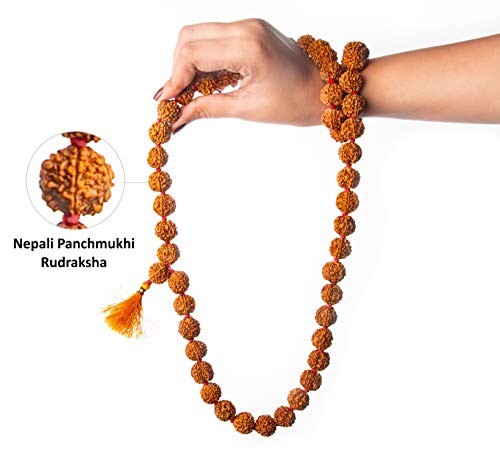 Wonder Care Authentic Rudraksh Mala-5face- Genuine Himalayan Rudraksha Seeds Religious Ornament Rosary Japa Mala Necklace Prayer Mala Healing Beads - color: 54+1 beads-5pc