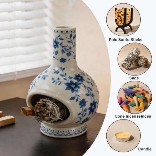 MOUGIGI Ceramic Palo Santo Holder, Sage Smudge Stick Incense Holder - color: Flowers-blue and White