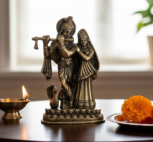 StonKraft - Radha Krishna Pair Murti Idol Statue Sculpture - Brass - 6" Inches - Antique
