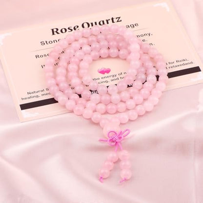 AD Beads 6mm 8mm 108 Prayer Mala Jasper Elastic Bracelet - Handmade Yoga Meditation Healing Power Energy Gifts for Unisex Adult. - color: Rose Quartz (Courage)