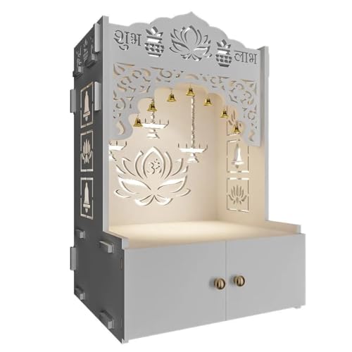 Lotus Finish Wooden Wall Temple for Home with inbuilt Focus Lights Spacious Shelf White - color: White2, size: Small
