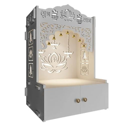 Lotus Finish Wooden Wall Temple for Home with inbuilt Focus Lights Spacious Shelf White - color: White2, size: Small