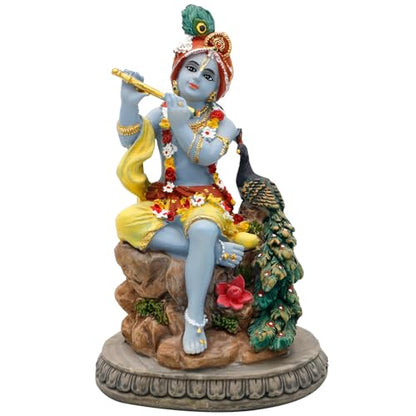 alikiki Hindu God Krishna Statue - 5.5”H India Lord Krishna Idol Play the Flute w/Peacock Murti Item Home Office Temple Mandir Shrine Altar Pooja Decor Diwali Puja Decor Gifts for Indian Friend