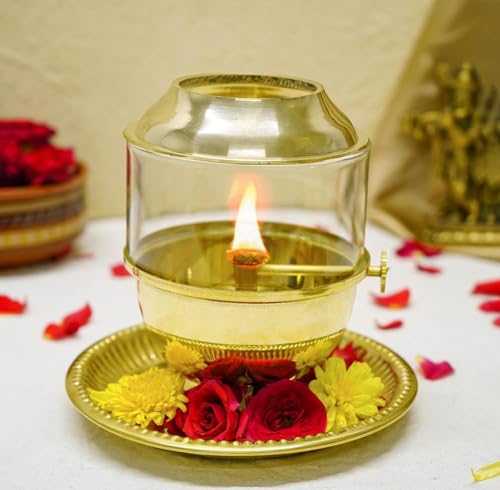 Pure Brass Akhand Jyot Diya with Glass Cover and Attached Plate – 48-Hour Long Burning Oil Lamp for Puja, Aarti, Temple, Meditation – 250ml Capacity, Adjustable Wick, Gold Finish Mandir Decor - Medium - size: Medium With Plate