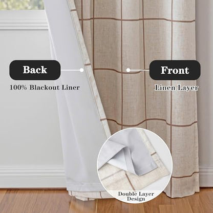 MYSKY HOME 100% Blackout Brown Plaid Farmhouse Linen Curtains 84 Inch Long 2 Panels Set Checkered Drapes Double Layer Thermal Insulated Privacy Protection Living Room Back Tab, 52" W Each Panel - color: Brown, size: 52"W x 84"L (Pack of 2)