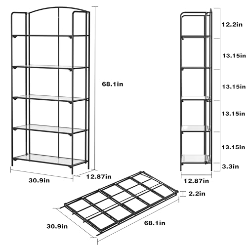 Crofy 5-Tier Wider Foldable Bookshelf, Black Frame & Transparent Shelves - color: Black Frame & Transparent Shelf, size: 5 Tier Wider