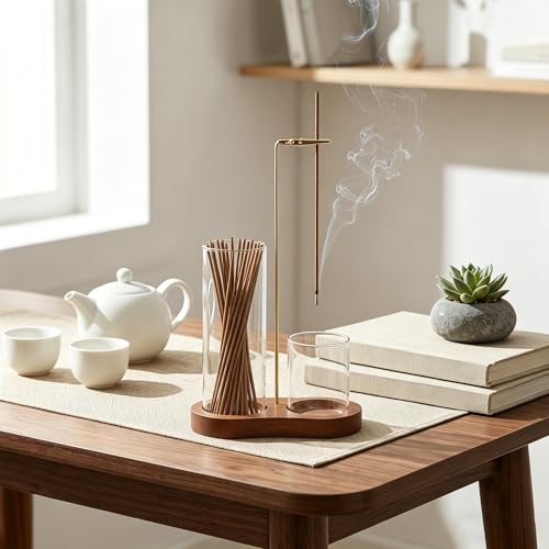 2 in 1 Incense Holder for Sticks with Detachable Glass Ash Catcher - color: Natural Wood Color