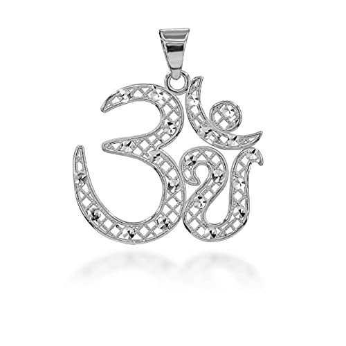 Certified 14k Gold Sparkle-Cut Filigree Om/Ohm/Aum Pendant - color: White Gold