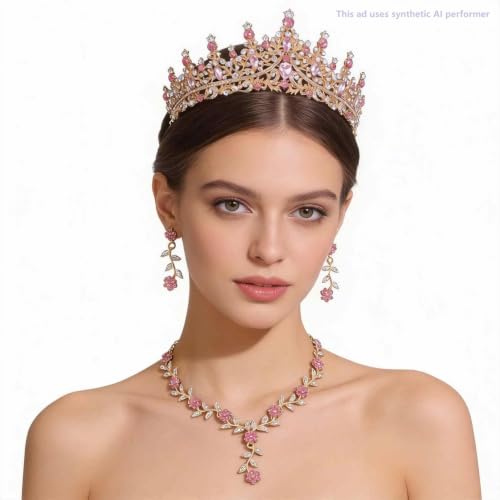 Kamirola Tiaras and Crowns for Women,Tiaras Earrings Necklace, Crystal Bridal Jewelry Set (TR48) - color: Gold Pink