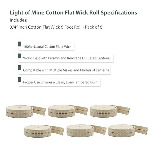 Light of Mine - 3/4" Inch 6' Foot, 100% Cotton Flat Wick - 6 Pack, for Paraffin Oil, Kerosene Based Lanterns, and Oil Lamps with Genuine Red Stitch (3/4" - 6' Roll, 6 Pack) - size: 3/4" 6 foot - 6 Pack