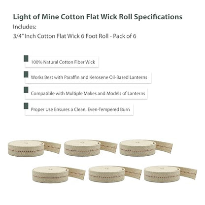 Light of Mine - 3/4" Inch 6' Foot, 100% Cotton Flat Wick - 6 Pack, for Paraffin Oil, Kerosene Based Lanterns, and Oil Lamps with Genuine Red Stitch (3/4" - 6' Roll, 6 Pack) - size: 3/4" 6 foot - 6 Pack