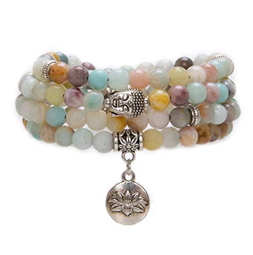 Bivei 108 Mala Beads Necklace Long Beaded Wrap Bracelets Genuine Gemstone Mala Prayer Beads Lotus Buddha Charm Yoga Meditation Necklace - color: Amazonite-Lotus OM-Buddha