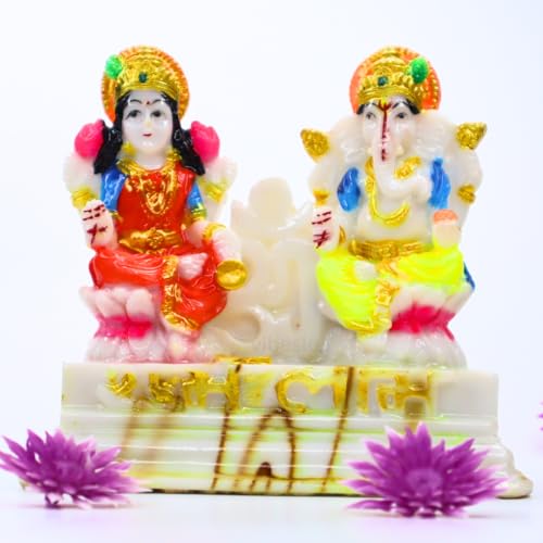 Laxmi Ganesh Idol - Beautiful Lakshmi Ganesha Marble Statue - Diwali Pooja for Diwali/Deepawali Temple Mandir Pooja puja and Decoration Car Dashboard Decor Item - Indian Gift