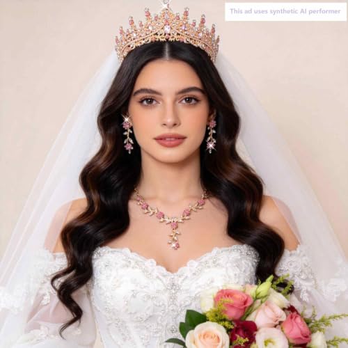 Kamirola Tiaras and Crowns for Women,Tiaras Earrings Necklace, Crystal Bridal Jewelry Set (TR48) - color: Gold Pink