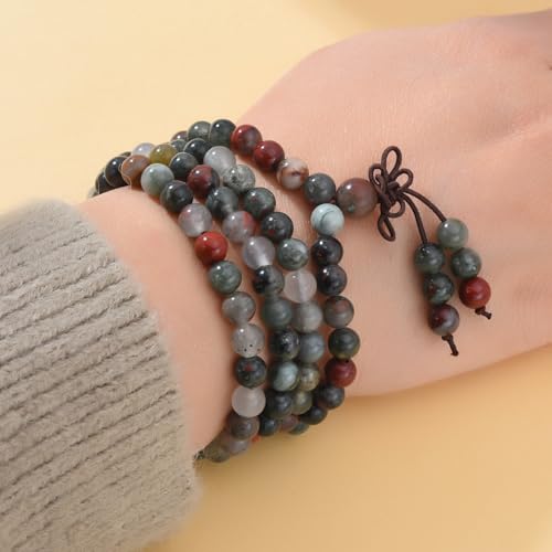 108 Mala Beads Stretch Bracelet 6mm Natural Gemstone Prayer Beaded Necklace - color: African Bloodstone