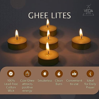 Welburn Veda&Co™ ack of 100 Tealight Ghee Butter Lamp Candle Set, Upto 4 Hours Burning Time, Pure Cow Ghee Unscented Clarified Butter Paraffin Free Tealight Candles for Meditation, Rituals, Diwali - size: Pack of 100