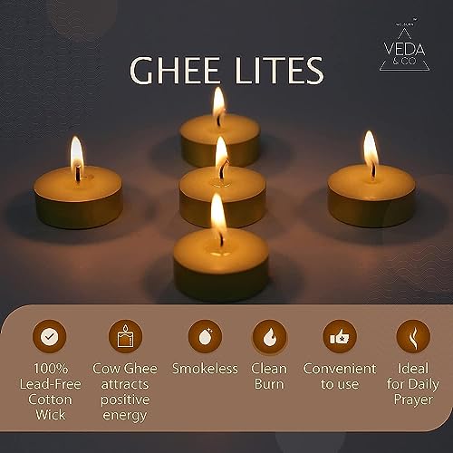 Welburn Veda&Co™ Pack of 50 Tealight Ghee Butter Lamp Candle Set, Upto 4 Hours Burning Time, Pure Cow Ghee Unscented Clarified Butter Paraffin Free Tealight Candles for Meditation, Rituals, Diwali - size: Pack of 50