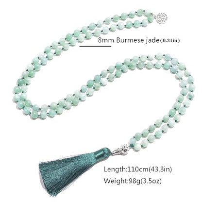 108 Mala Prayer Beads Necklace Natural Stones Meditation Yoga Jewery 108 Hand Knotted Japa Mala Beaded Long Tassel Necklace with Tree of Life Pendant for Men and Women - color: Burma jade