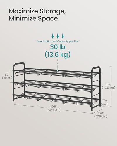 SONGMICS 3-Tier Long Stackable Metal Shoe Rack, Holds Up to 15 Pairs - color: Black, size: 3 Tiers (39.5"W)