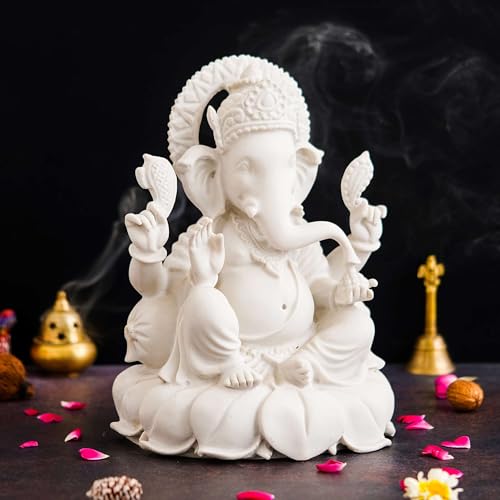 GrabM Marble Finish Ganesha Idol Ganpati Murti for Home Decor, Puja Room, Office Desk – Lord Ganesh Statue for Temple, Spiritual Gift, Housewarming, Diwali Decoration