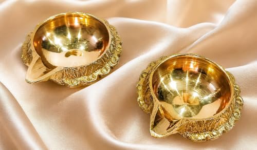 athizay Brass Diyas Pack of 2 for Pooja Virgin Brass Indian Diya Set Oil lamp Sets for Gifting Home Decor Vilakku (Kuber Diya Set 2)