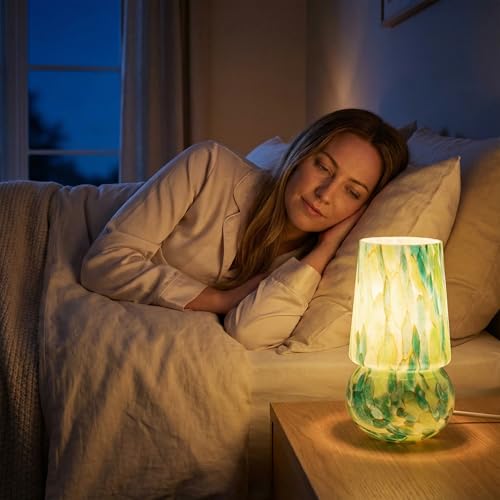 9.8″ Mushroom Glass Table Lamp, Dimmable Modern Beside Lamp, Emerald Teal - color: Emerald Teal