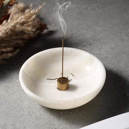 Koville Natural Marble Incense Holder, Incense Holder for Sticks with 9 Holes, Handmade Incense Burner Ash Catcher for Meditation Yoga SPA, Balsam Fir/Palo Santo/Sage/Cone (White) - color: D=150-white