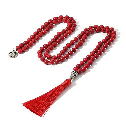 108 Mala Prayer Beads Necklace Natural Stones Meditation Yoga Jewery 108 Hand Knotted Japa Mala Beaded Long Tassel Necklace with Tree of Life Pendant for Men and Women - color: 8mm red turquoise