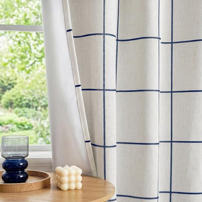 MYSKY HOME 100% Blackout Plaid Farmhouse Linen Curtains 90 Inch Long 2 Panels Set Double Layer Windowpane Drapes Thermal Insulated Privacy Protection Grommet Window Treatment, 52" W, Navy Blue - color: Navy Blue, size: 52"W x 90"L (Pack of 2)