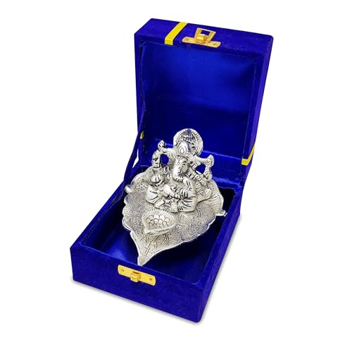 NOBILITY Ganesha on Leaf Silver Diya Oil Lamp Statue Idol with Blue Gift Box Pooja Items Diwali Decoration Puja Gifts Handmade Oil Lamp Traditional Indian Deepawali Gift Items - color: Ganesh Diya Silver with Blue Box, size: Pack of 1