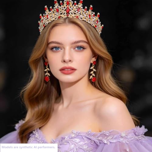 Kamirola Tiaras and Crowns for Women,Tiaras Earrings Necklace, Crystal Bridal Jewelry Set (TR48) - color: Gold Red