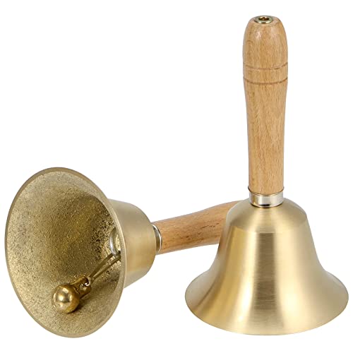 SINJEUN 4 PCS 6 Inch Brass Hand Bell, Solid Brass Hand Call Bells with Wooden Handle, Loud Ringing Bell Restaurant Call Service Bell for Christmas, School, Home, Restaurant, Bride Wedding