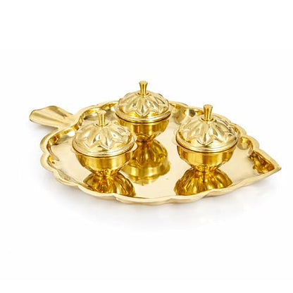 Spillbox Brass 3 Leaf Bowl Pooja Thali | Traditional Handcrafted Thali Holder with Lid for Mandir & Home | Roli, Chawal | Pooja Item Gift for Diwali, Navratri - 3 Leaf Bowl - Small